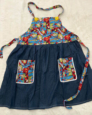 Supergirl Womens Apron Comic Print Denim Blue Handmade Kitchen Cooking Pockets